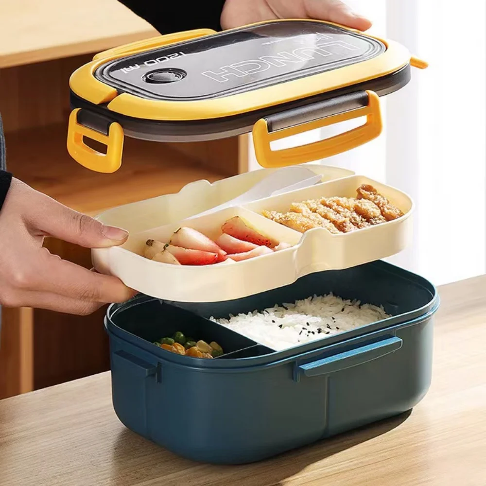 1pc Lunch Box 1200ml 2 Layer Bento Lunch Box With Spoon Fork, Kid High Capacity Food Containers Portable Office Camping