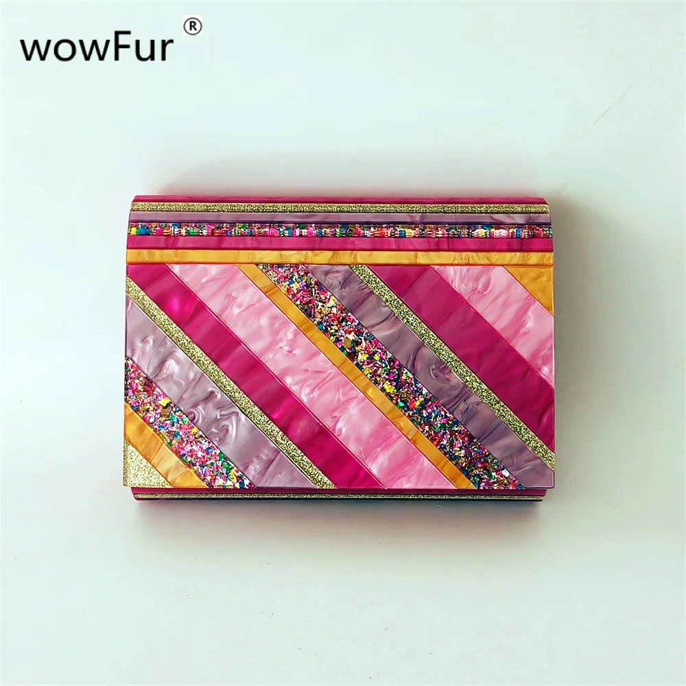 

Colorful Striped Fold Over Brand Designer Acrylic Evening Box Clutches Women Day Handbag And Purse Wedding Beach Mini Wallet Ba
