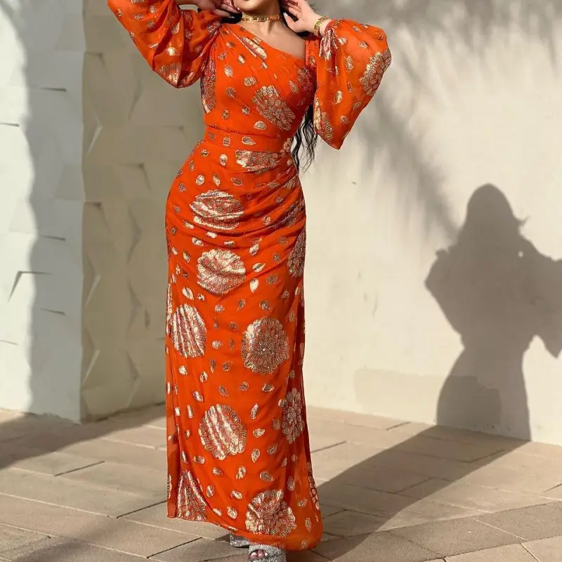 Fashion Floral Gold Stamping Sexy Chiffon Dress Turkish Dubai Luxury Evening Party Elegant Puff Sleeve Gown