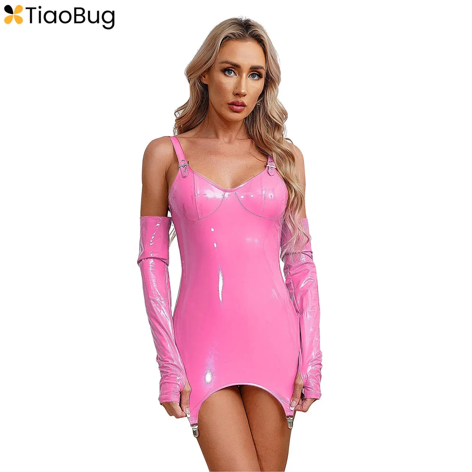 

Womens Sexy Wet Look Patent Leather Pencil Mini Dress with Garters Belt Metal Clips Lingerie with Gloves Party Costume Clubwear