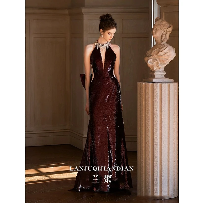 

Sexy Wine Red Mermaid Prom Dreses Halter V-neck Sleeveless Sequin Trailing Backless Beading Cocktail Ball Party Gown 2024