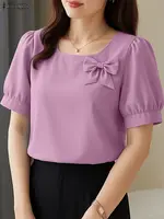 Women Summer OL Work Blouse 2025 ZANZEA Stylish Shirt Elegant Casual Short Sleeve Solid Color Tunic O Neck Blusas Mujer Femme - Image 5