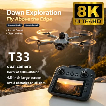 Drone T33 Aggiornato con Doppia Fotocamera 8K HD, WIFI 5G, GPS, Motore Brushless, Flusso Ottico, Evitamento Ostacoli, Pieghevole, Giocattolo RC