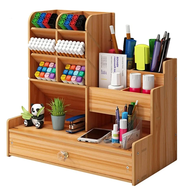 Wooden Desk Organiser DIY Desktop Tidy Pen Holder Large Capacity Stationery Storage Box with Drawer for Home Office and School 1
