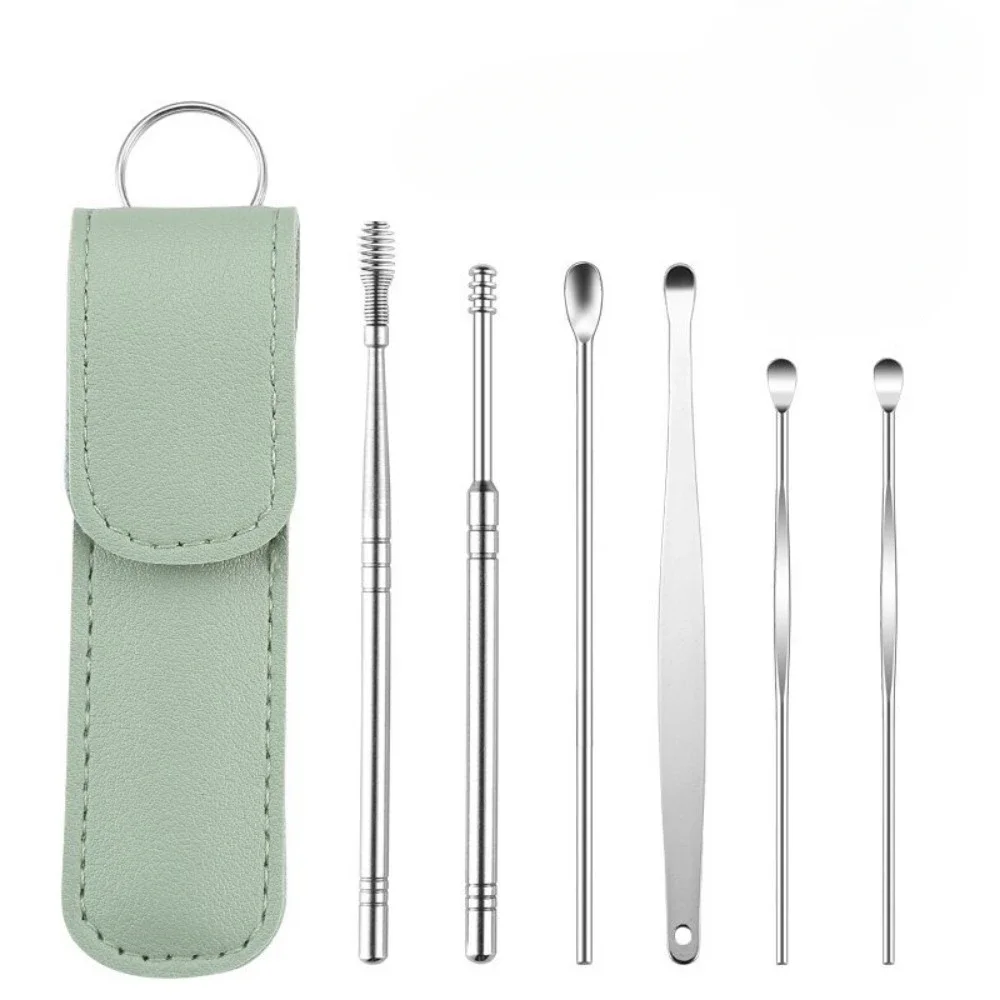Stainless Steel Ear Digging Spoon Leather Cover 6pc Cleaner Scoop Double-Headed Spiral Cleaning Health Care Ear Picking Tool Set 3