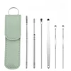 Stainless Steel Ear Digging Spoon Leather Cover 6pc Cleaner Scoop Double-Headed Spiral Cleaning Health Care Ear Picking Tool Set 3