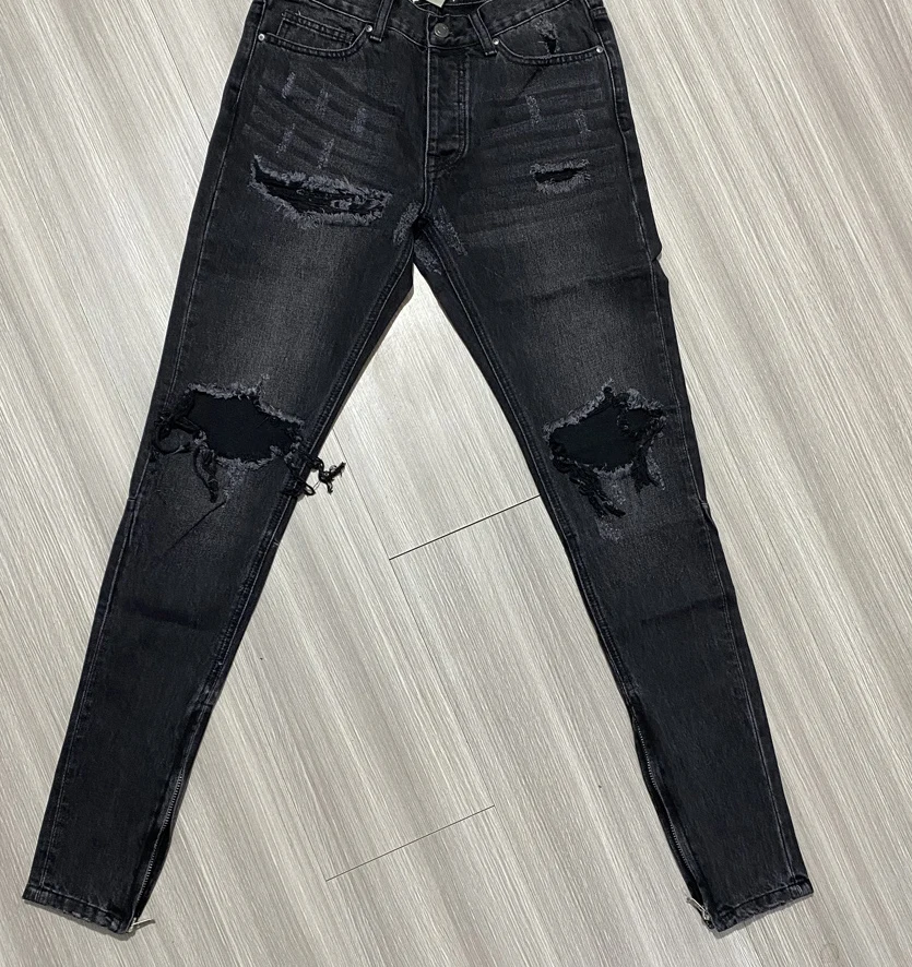 Men's Button Fly Zipper Leg Destroyed Distressed Ripped Hole Jeans