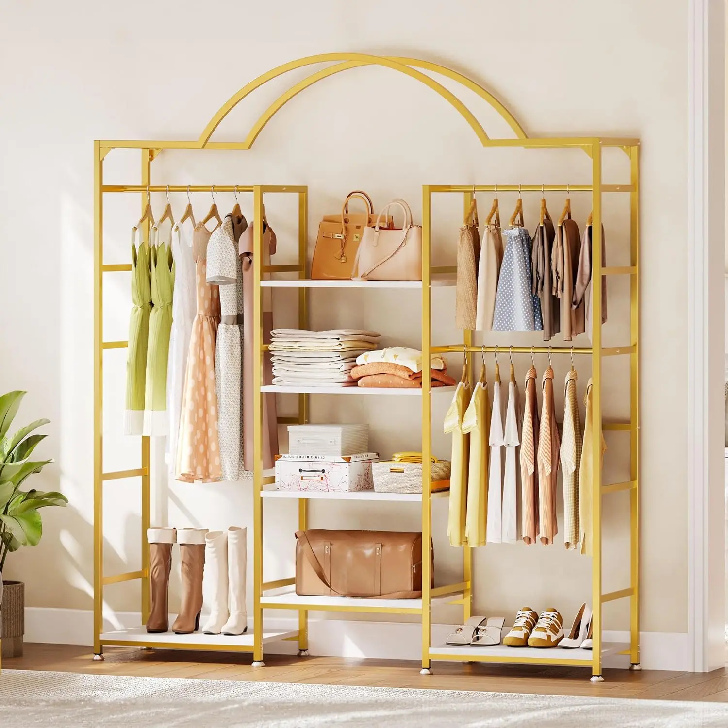 Heavy Duty Clothes Rack with Storage Shelves, Closet Organizer System for Hanging Clothes, 4-Tier Garment Rack Wardrobe with 3 H 3