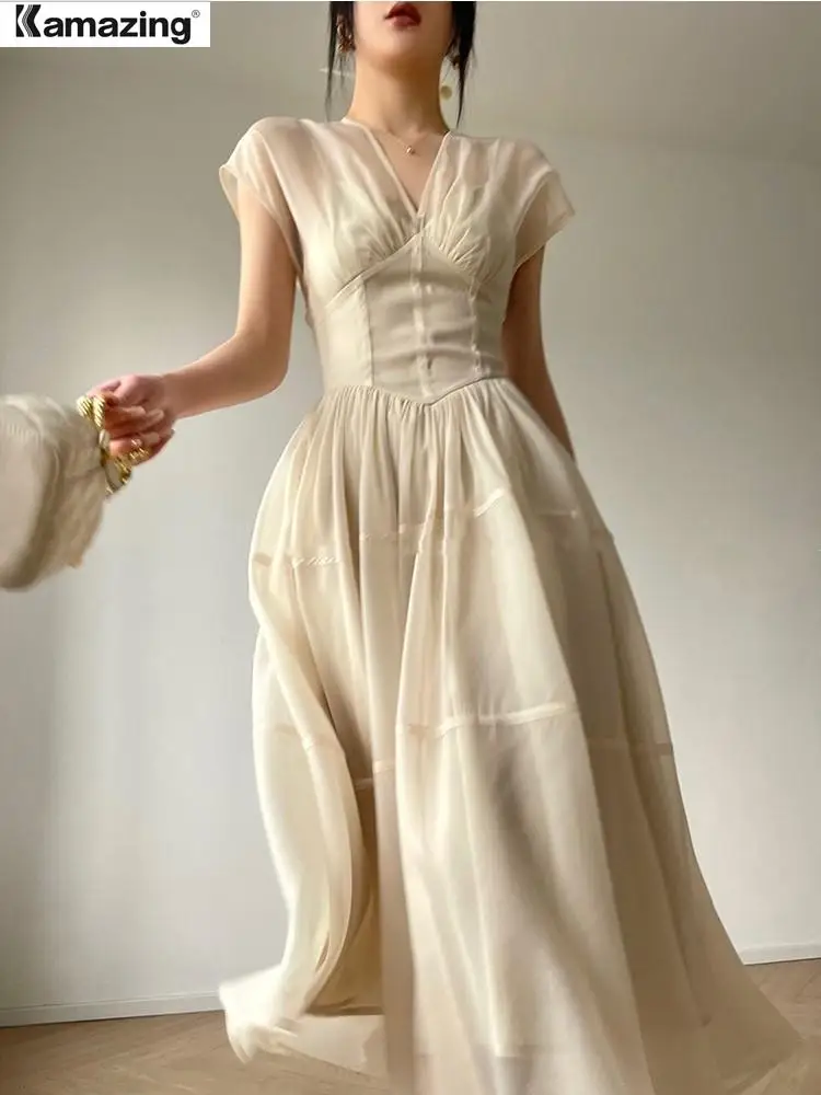 

Женское винтажное платье средней длины, элегантное цельное платье принцессы во французском стиле с V-образным вырезом для выпускного вечера, лето 2024