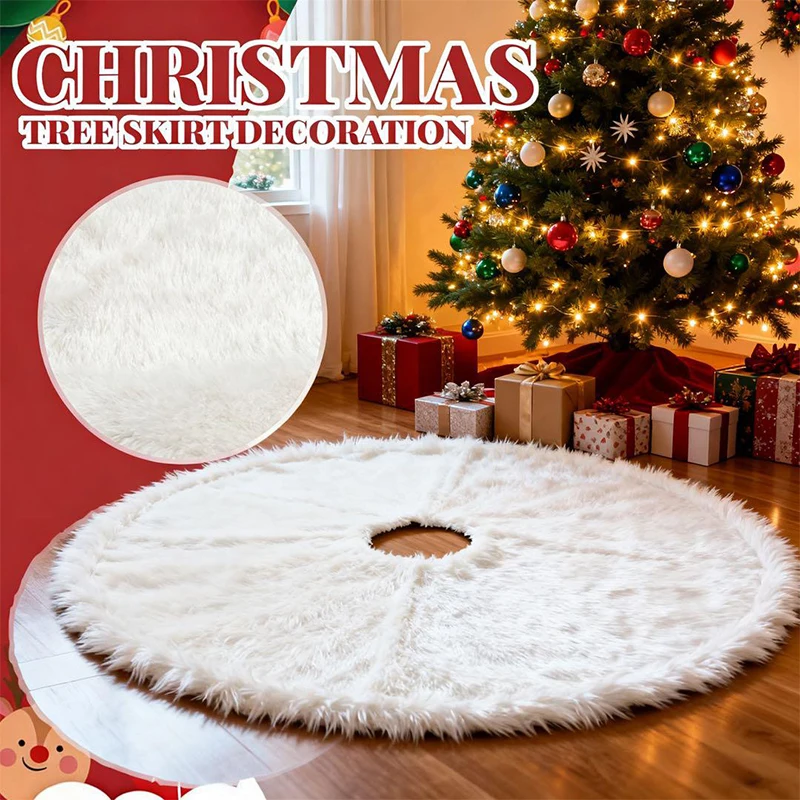 Snowy White Christmas Tree Skirt - Fluffy Fur Tree Mat For Holiday Decor, Reusable As Carpet