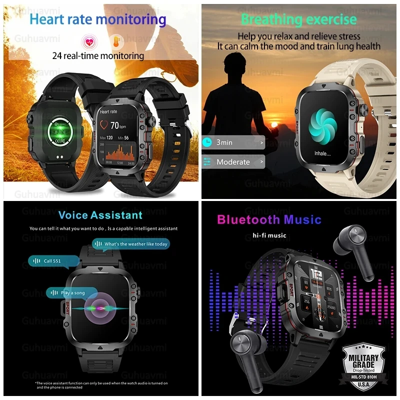 2024New Rugged Military Fitness Smart Watch Men For Android Xiaomi IOS 3ATM Waterproof Sport Ai Voice Calling Smartwatch Outdoor - Image 4
