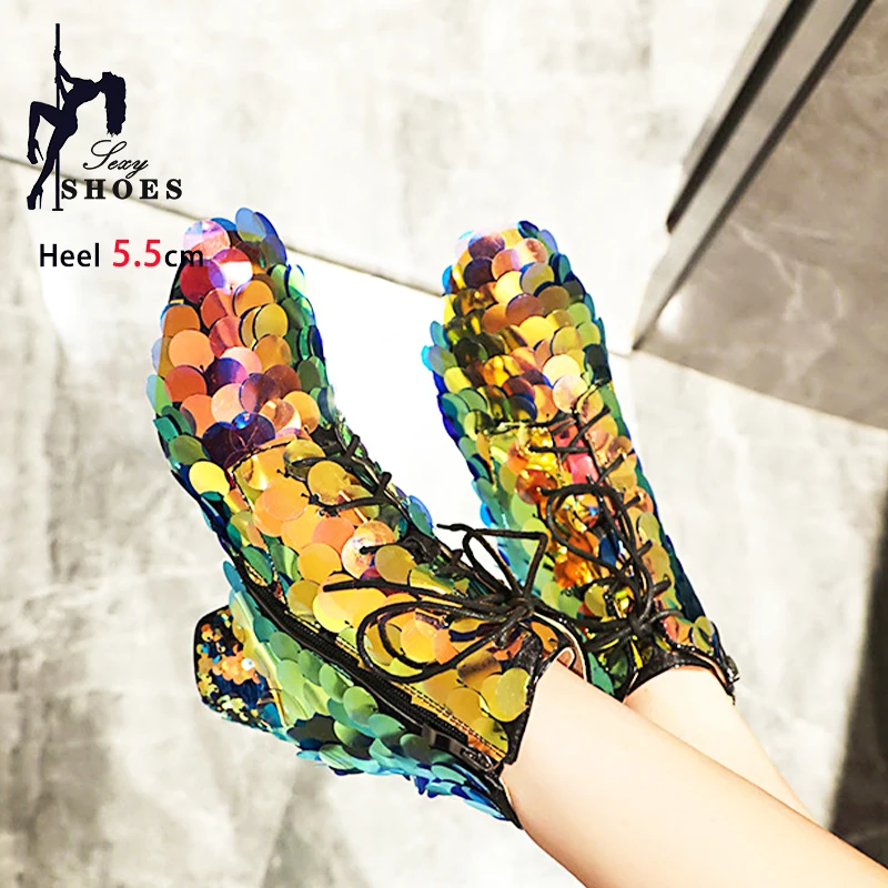 Women Short Boots Lace-up Low Heels Club Party Dance Shoes Trend Lady Shiny Block High Heels Sequined Chelsea Boots Size 34-46