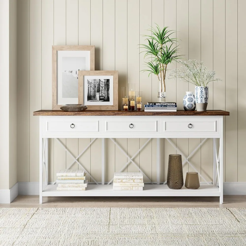70.8" Console Table with 3 Drawers, Farmhouse Entryway Table with Storage Shelf, Narrow Long Sofa Foyer Table ,  (White/Brown) 4