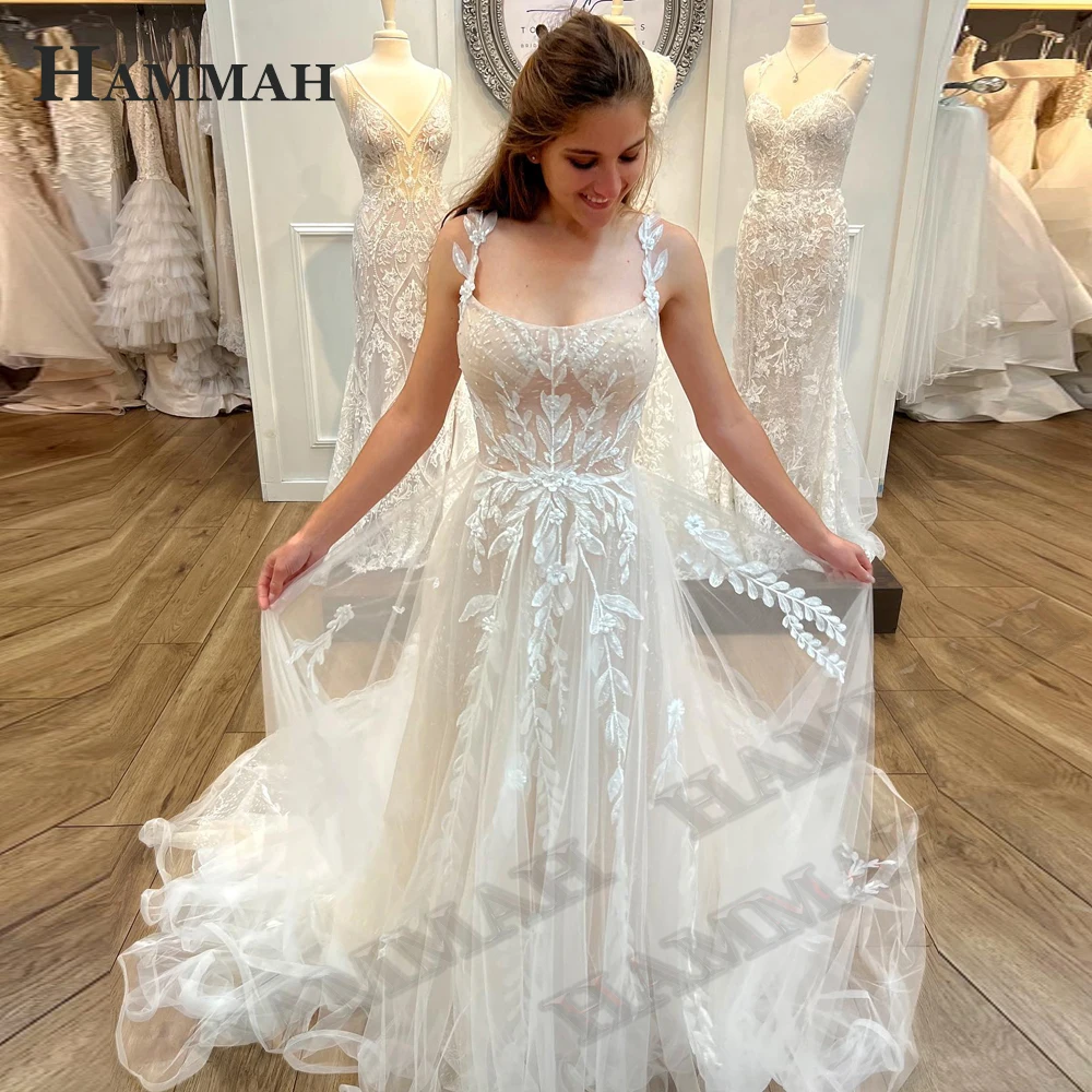 

HAMMAH Spaghetti Strap Appliques Wedding Dresses For Mariages Square Collar A Line Backless Court Train Sleeveless Personalised
