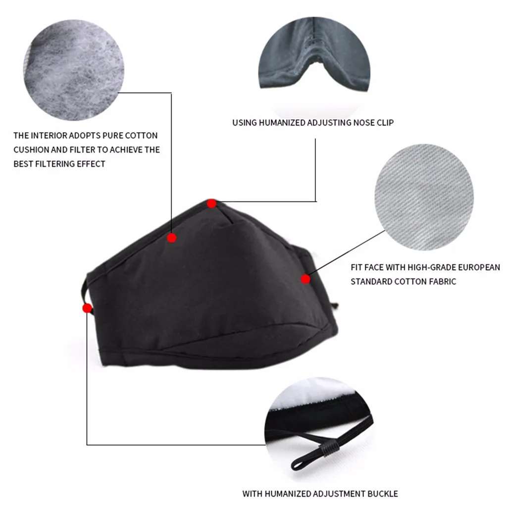 Cotton Black mouth Mask Activated carbon filter Windproof PM2.5 anti haze and dust adult cotton mask filter