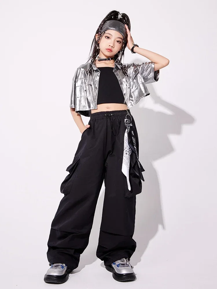 Silver Short Coat Black Cargo Pants Modern Kpop Clothing Kids Jazz Performance Stage Outfit Girls Hip Hop Dance Costume