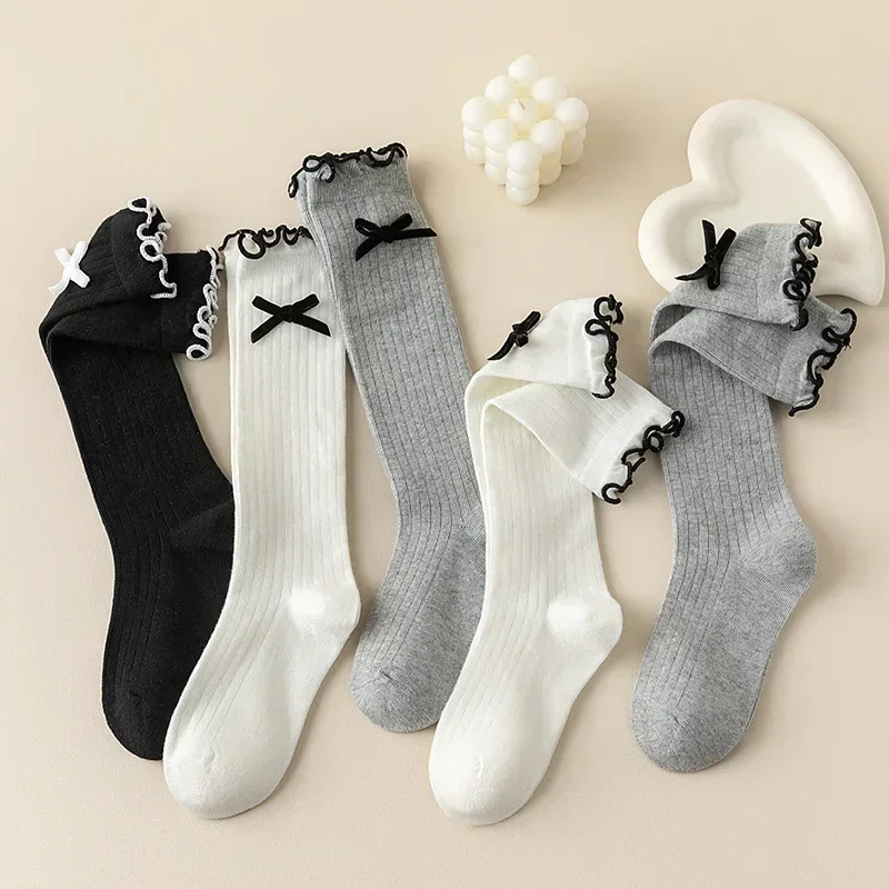 Girls Korean Bow Ruffle Calf Socks for Kids Cute White Knee High Long Lace Children Socks Spring Summer Soft School Stockings