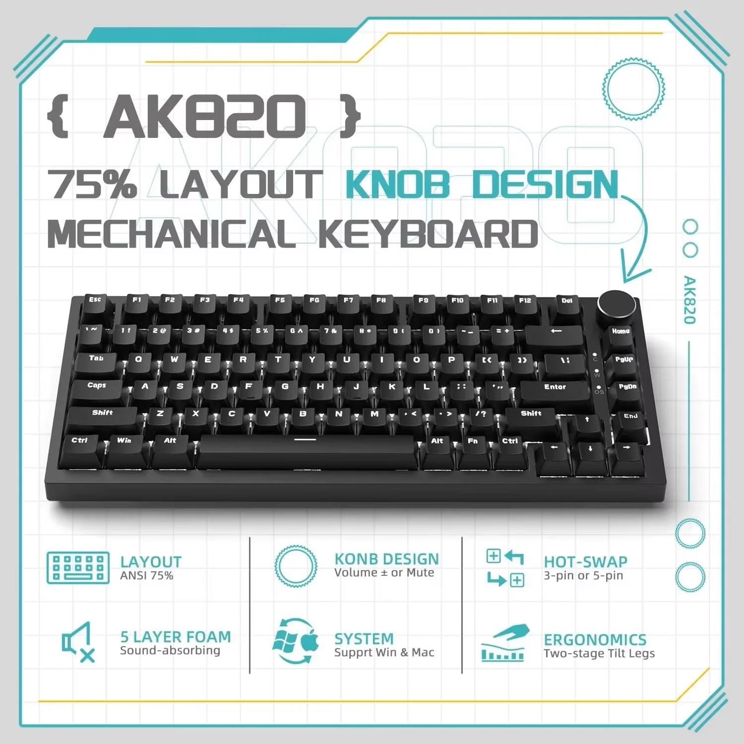 AK820 유선 풀키 핫스왑 키보드 탈착식 USB 포트 화이트/아이스 블루 백라이트 프리미엄 센스 컬러웨이