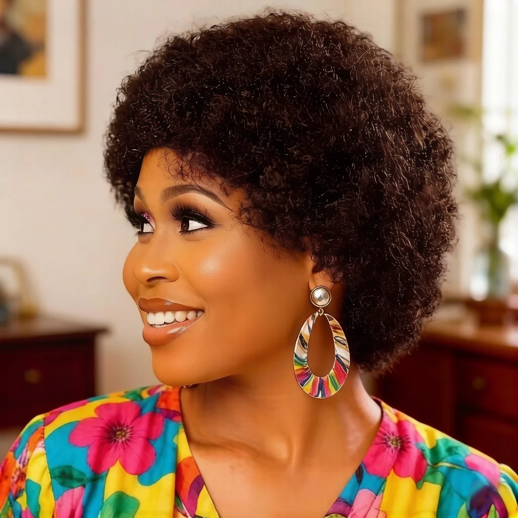 99J 버건디 아프로 곱슬머리 인모 가발 (여성용), 미가공 천연 곱슬머리 가발, 풀머신 제작 가발 (자연모)