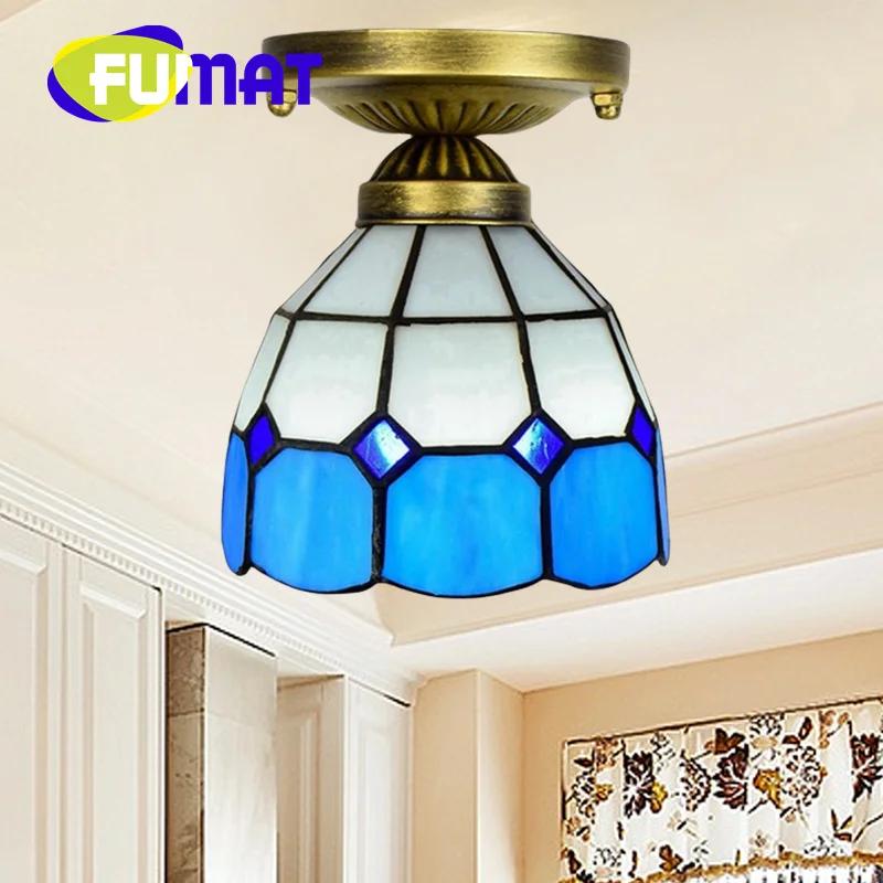 

FUMAT Tiffany style stained glass 6 inch Mediterranean blue white ceiling light for bedroom hallway hallway balcony LED decor