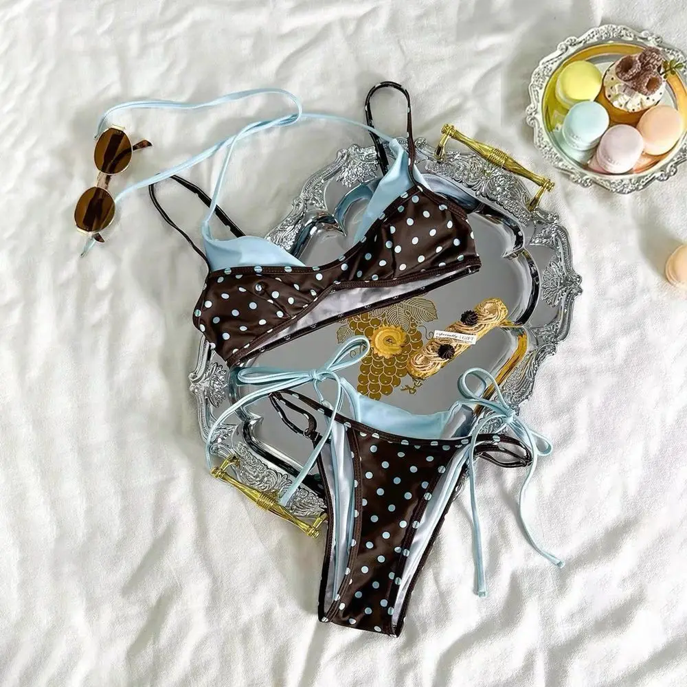 Modisches Polka-Dot-Bikini-Set mit Neckholder, tiefem V-Ausschnitt und niedriger Taille, Damen-Bademode, Patchwork, Schnürung, Damen-Badeanzüge, Strand