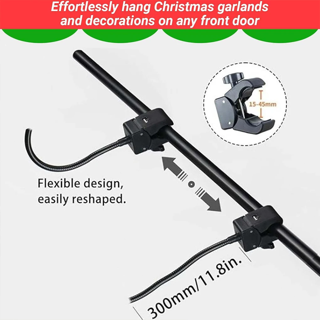 Black Front Door Garland Hanger - Long Hook, Rod, Holder Christmas Halloween Wreaths, Lights adjustable 180-205cm