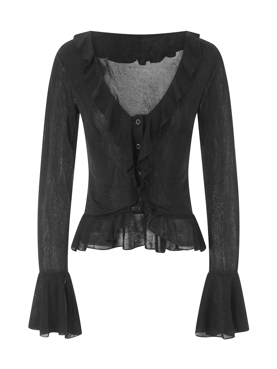 

Women s Y2K Ruffle Cardigans Long Sleeve Button Down Crop Tops Elegant V-Neck Mesh Sheer Blouse Shirt for Night Out