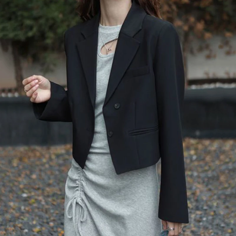 Fashion Design Cropped Suit Jacket Women 2025 Autumn Long Sleeve Korean Blazers Woman Solid Color Single-Breasted Office Coat