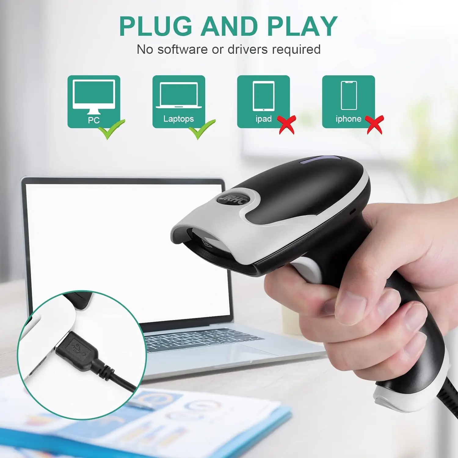 Barcode Scanner Handheld 2D Barcode Scanner USB QR Code Scanner Wired Automatic 1D 2D&PDF417 Data Matrix Bar Code Reader Plug and Play