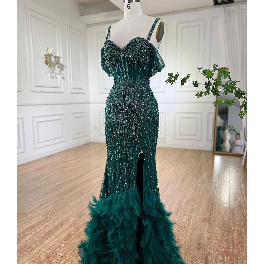 Serene Hill Green Mermaid Sexy High Split Off Shoulder Evening Dresses Feather Beaded Gowns Long 2023 For Women Party LA71650A