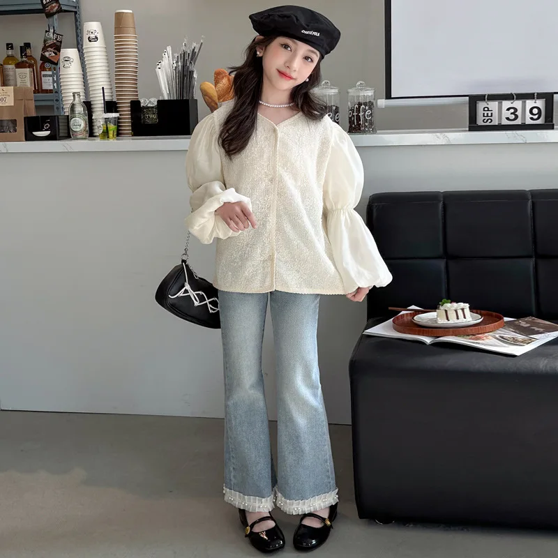 

teenage Girls clothes Set Spring Bubble Sleeve Shirt+Lace lace denim flared pants Two Piece kids suit 120-170 kids jeans outfits
