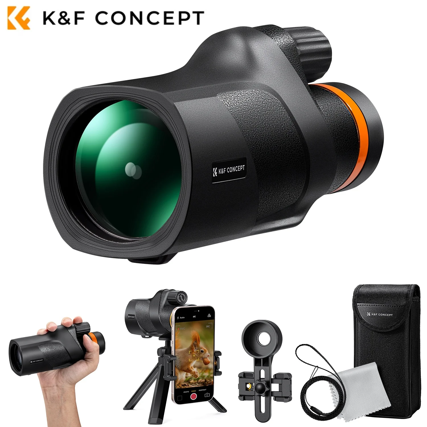 Télescope monoculaire K&F CONCEPT 80x100, prisme BAK4, lentille FMC, monoculaire HD pour le camping, les voyages, l'observation des oiseaux, avec support pour téléphone, trépied