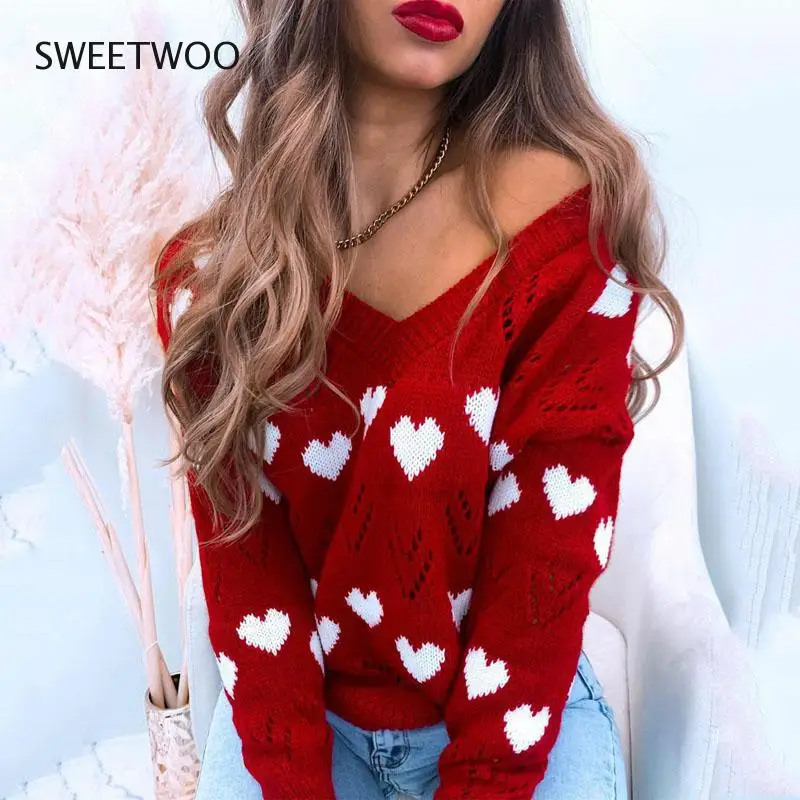 

Women Autumn Winter Sweaters Sexy V Neck Off Shoulder Hollow Out Knitted Pullovers Female Warm Casual Sweater Loose Streetwears