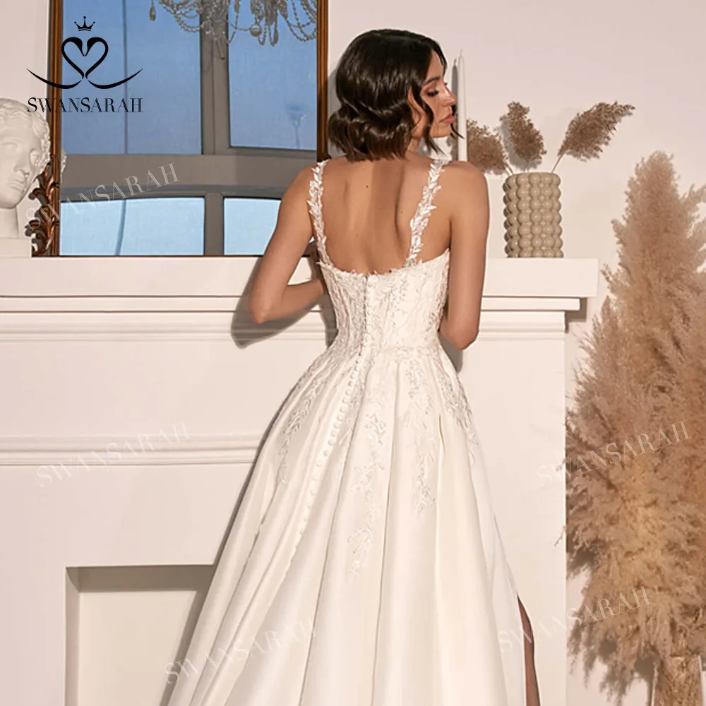 Satin Sleeveless Wedding Dress 2025 Chic Appliques Split A-Line customized Princess Vestido De Novia SwanSarah N400 Bride Gown 6