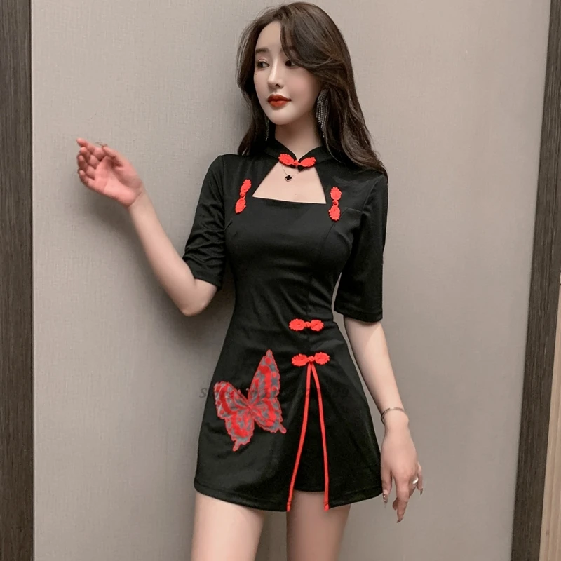 chinese qipao oriental party dress flower embroidery improved cheongsam nightclub banquet dress beauty spa uniform