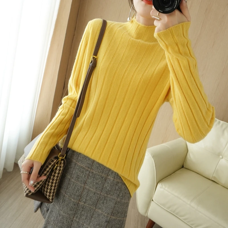 

Soft and glutinous half high necked sweater for Women's New Striped Bottomed Shirt With Loose and Thin Knit top and Long Sleeves