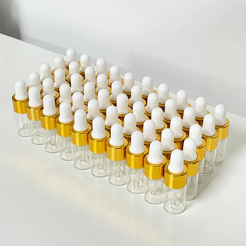 50개 1ml/2ml/3ml/5ml 박스형 투명 미니 유리 드로퍼 병, 에센셜 오일 샘플 휴대용 유리 아이드로퍼 포함