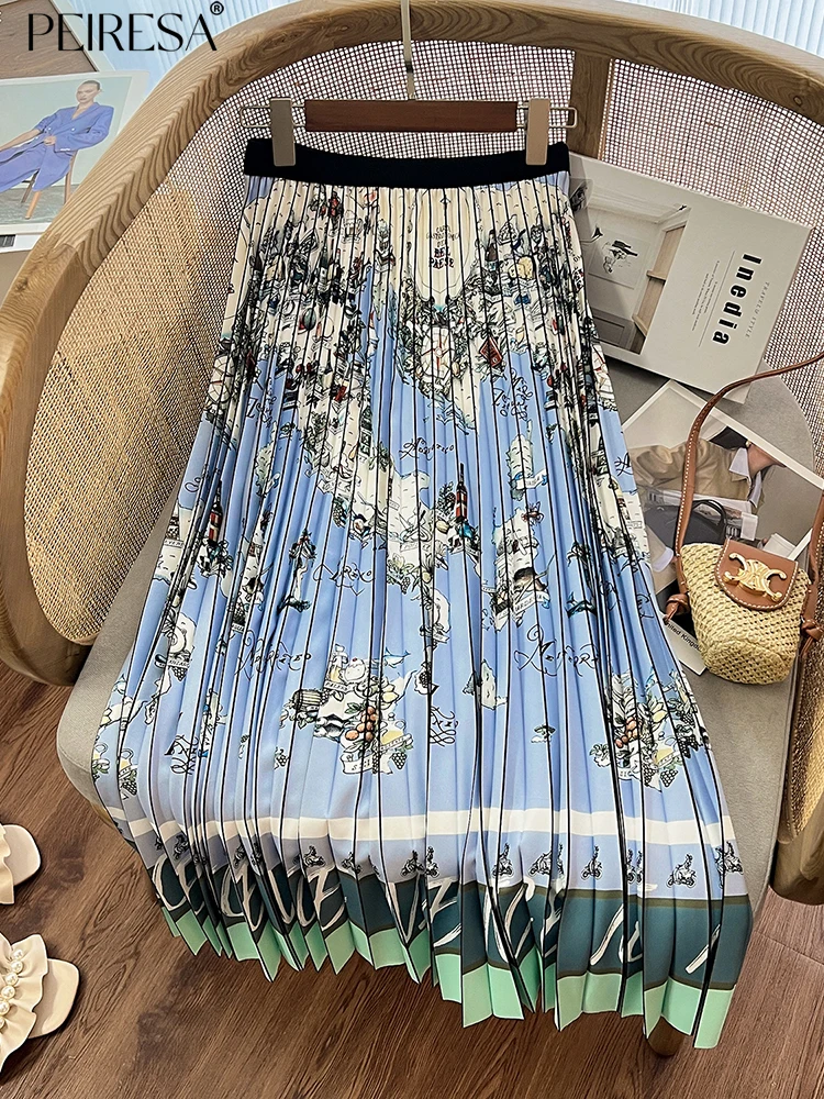

PEIRESA Miyake Vintage Print Skirts For Women 2023 Summer New High Waist Korean Fashion Casual Style Midi Skirt Female Clothes