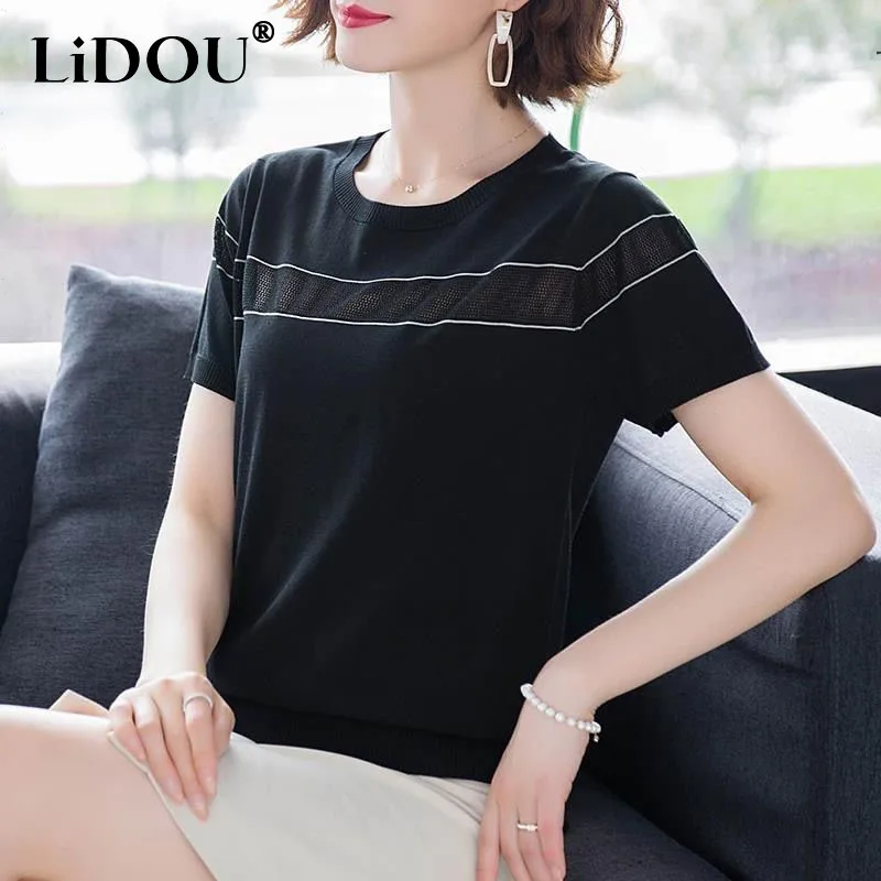 

Summer New Solid Casual Korean Style Lively Tops Women Short Sleeve Round Neck Loose Lady Tee Patchwork Elegant Fashion Pullover