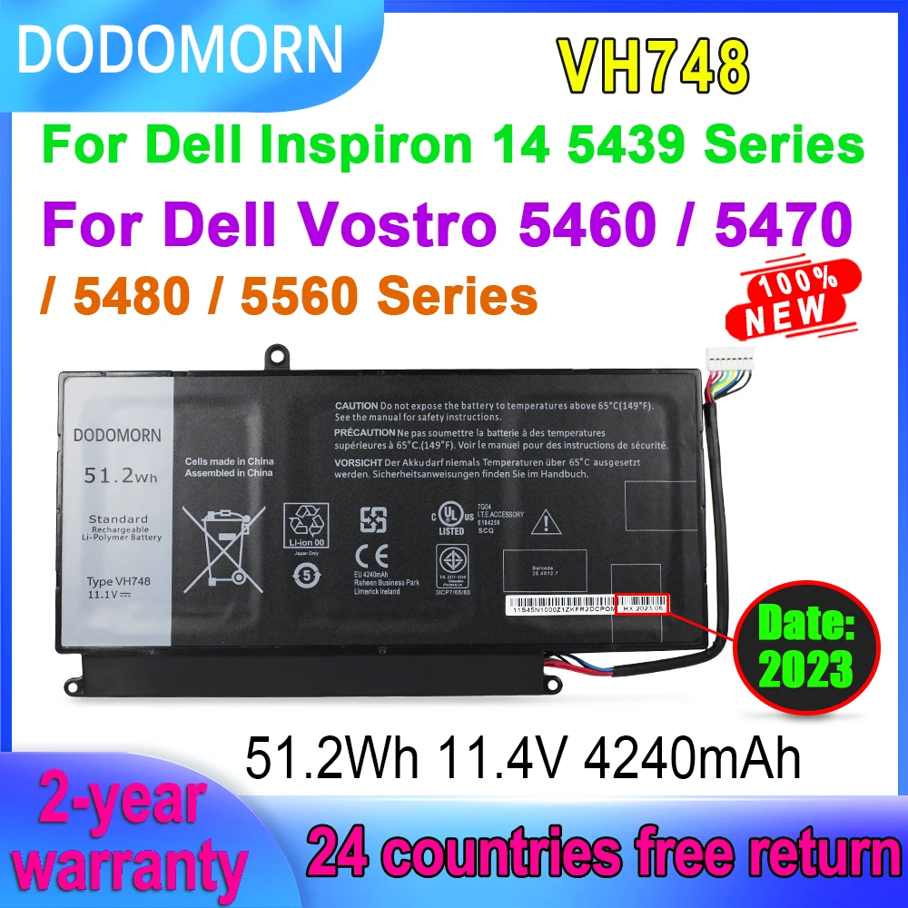 

DODOMORN VH748 Laptop Battery For Dell Vostro 5460 5470 5480 5560 For Inspiron 14 5439 V5460D P43F P41G Series 11.4V 51.2Wh