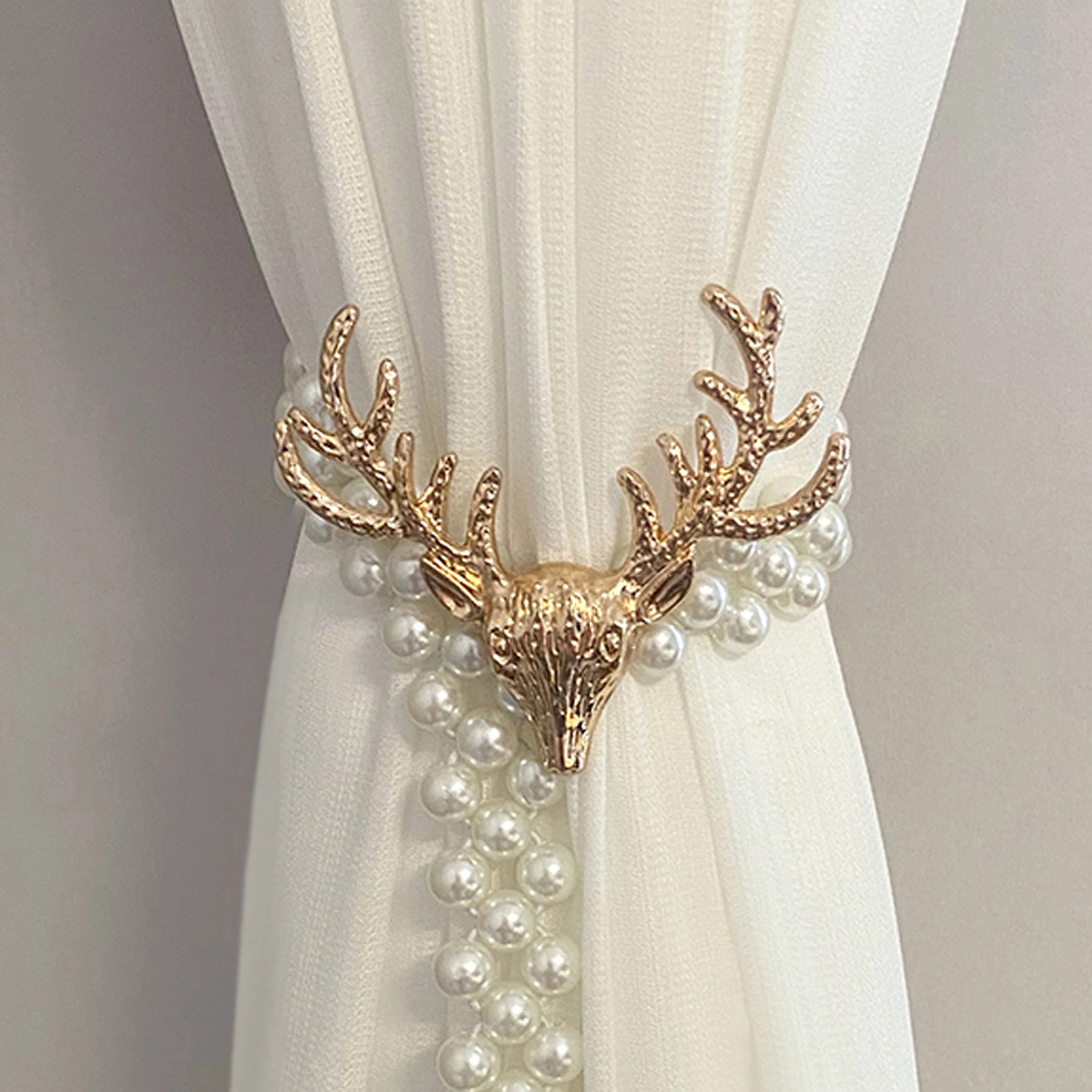 Metal Gold/Silver Elk And Pearl Design No-Punch Adjustable Curtain Tiebacks Light Luxury Style Metal Material No-Punch Cur 2PCS, curtain accessories,curtain tiebacks