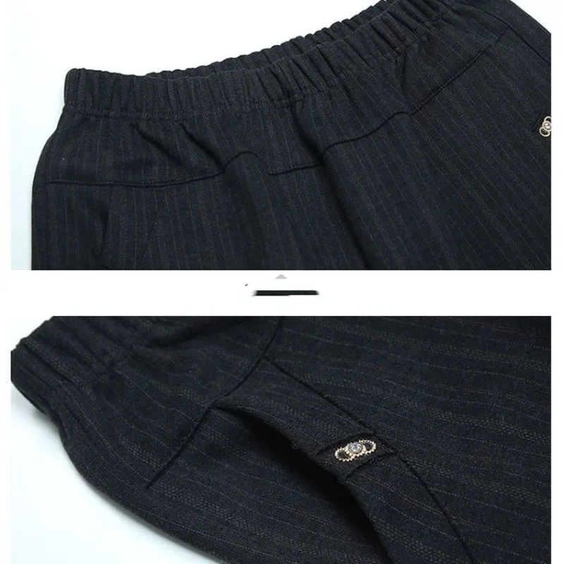 Autumn and Winter Women's Elastic High Waist Solid Stripe Rivet Pocket Wide Leg Straight Trousers Fashion Casual Loose Pants