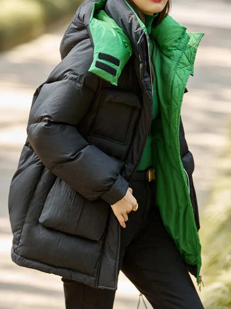 Vimly Duck Down Puffer Jacket for Women 2023 Fashion Green Linning High Neck Detachable Hood Winter Female Warm Down Coat 50312