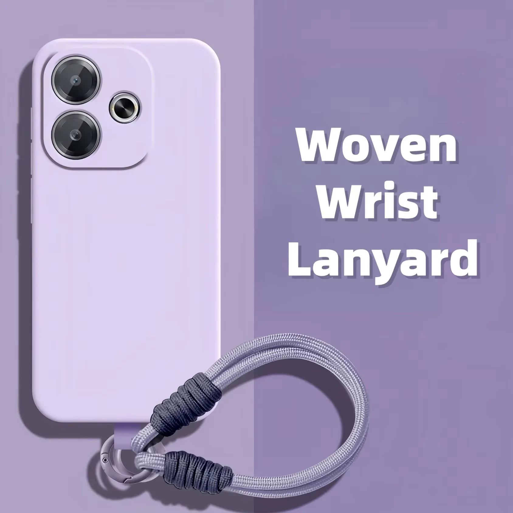 Elegant Solid Color Silicone Phone Case with Woven Wrist Lanyard and Shockproof Protection