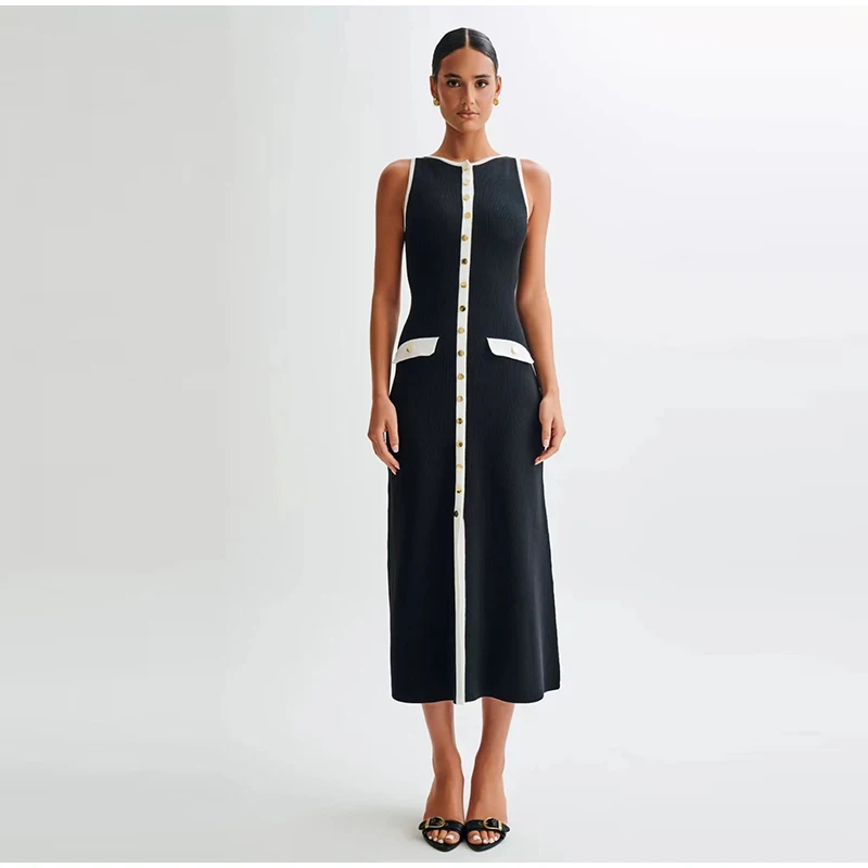 Elegant Single Breasted Knitted Maxi Dress Women Fashion O Neck Sleeveless Fake Pockets Dresses New Lady High Street Robes