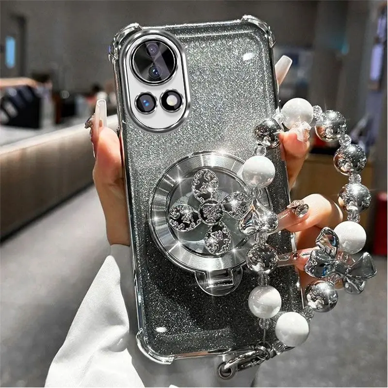 Gradient Glitter Electroplated Phone Case with Hand Strap Holder