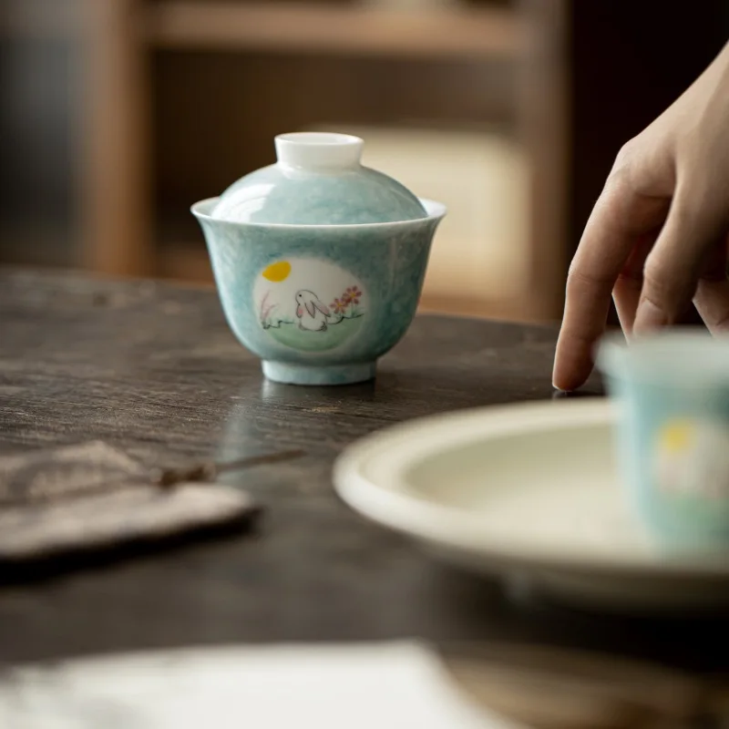 Hand Painted Lidded Tea Cup Rabbit Moon Design Underglaze Color Scholar Style Ceramic Gongfu Tea Set Zen Home Brewing Gift