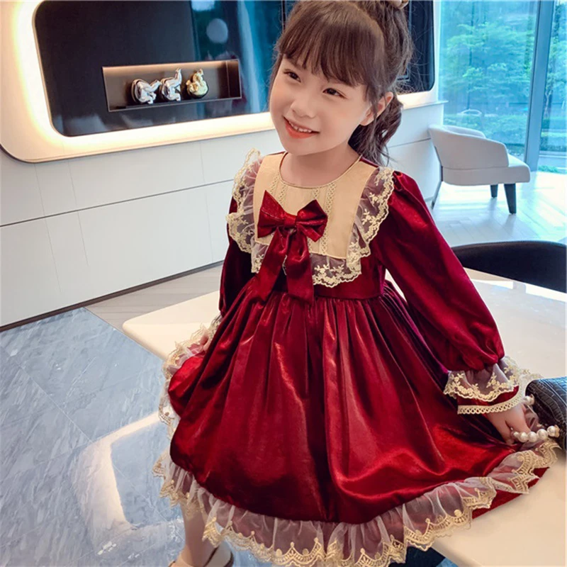 compromiso Macadán esconder Vestido de princesa Lolita rojo vino de manga larga para niña, ropa de  otoño, vestidos de flores para niña, vestido de Navidad para niña 2022| Vestidos| - AliExpress