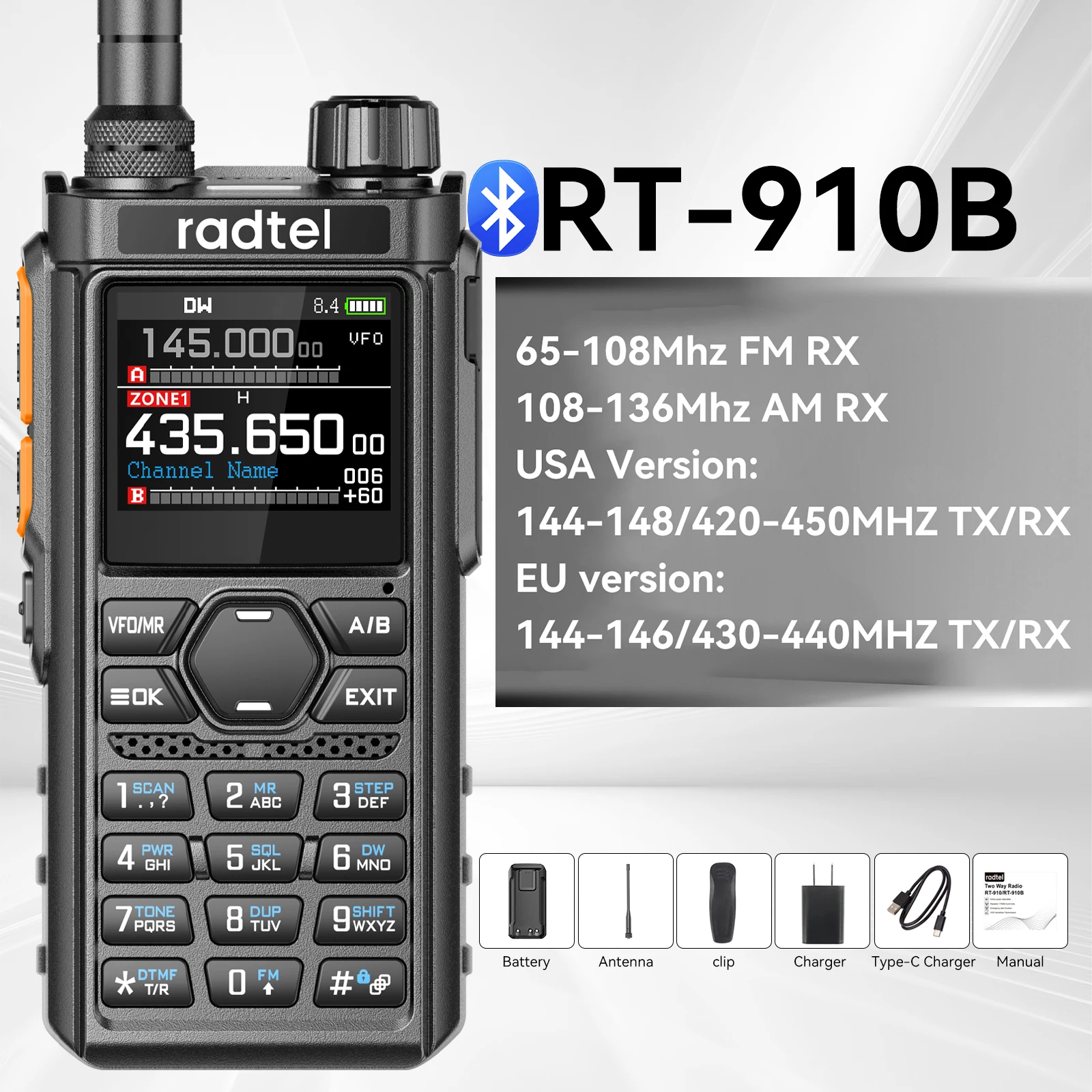 Bluetooth Programmable Walkie-Talkie with 960 Channels and AM/FM Air Band