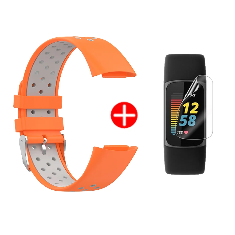 Silicone Watch Strap For Fitbit Charge 5 correa Smartwatch Colorful Wristband Bracelet Band+Screen Protector soft film Cover 